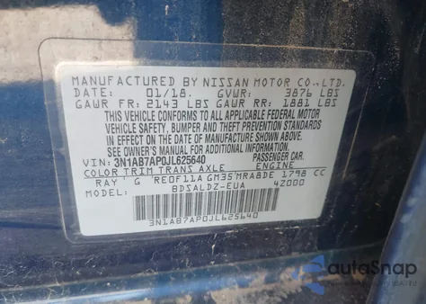 2018 Nissan Sentra Sv из США, поврежденный, VIN 3N1AB7AP0JL625640